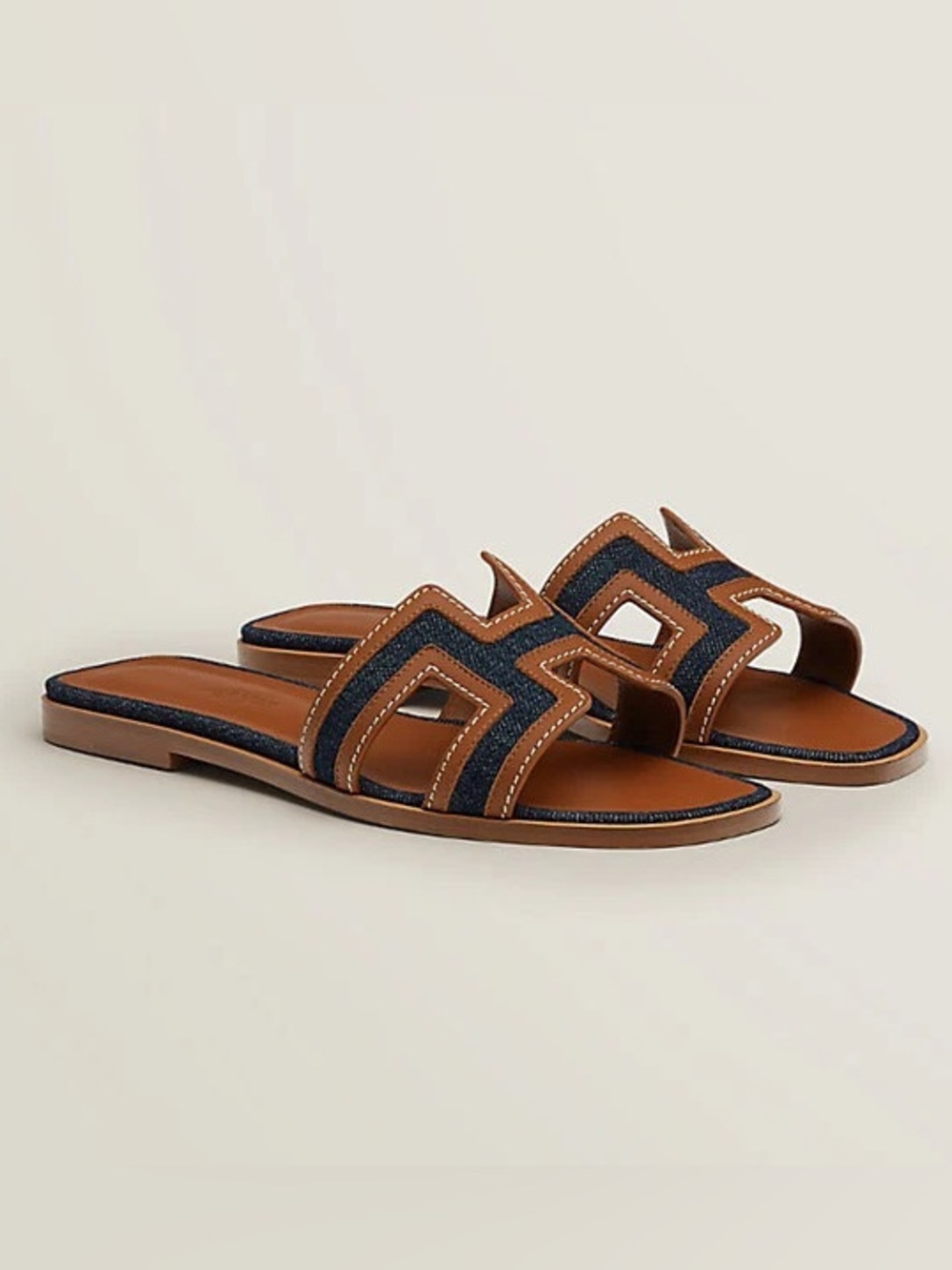 NEW Hermes Denim/Brown Leather Oran Slide Sandal sz 38.5 - Picture 3 of 6